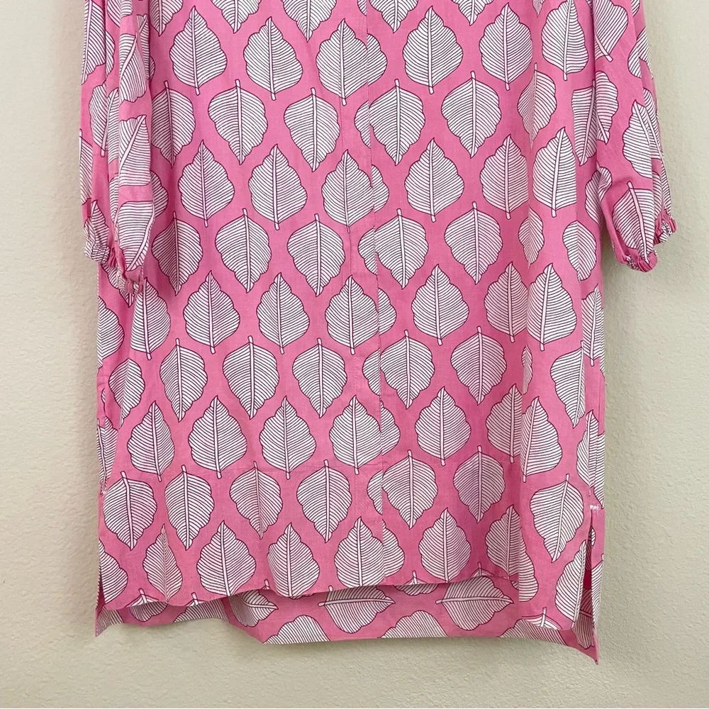Holly Shae Pink Leaf Print Hand Block Cotton Shift Dress  One Size - Picture 6 of 8